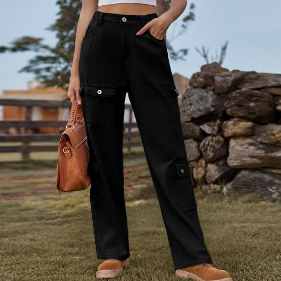 Tdoqot Womens Boyfriend Jeans- Mid Rise Cargo Pants Black Size 10