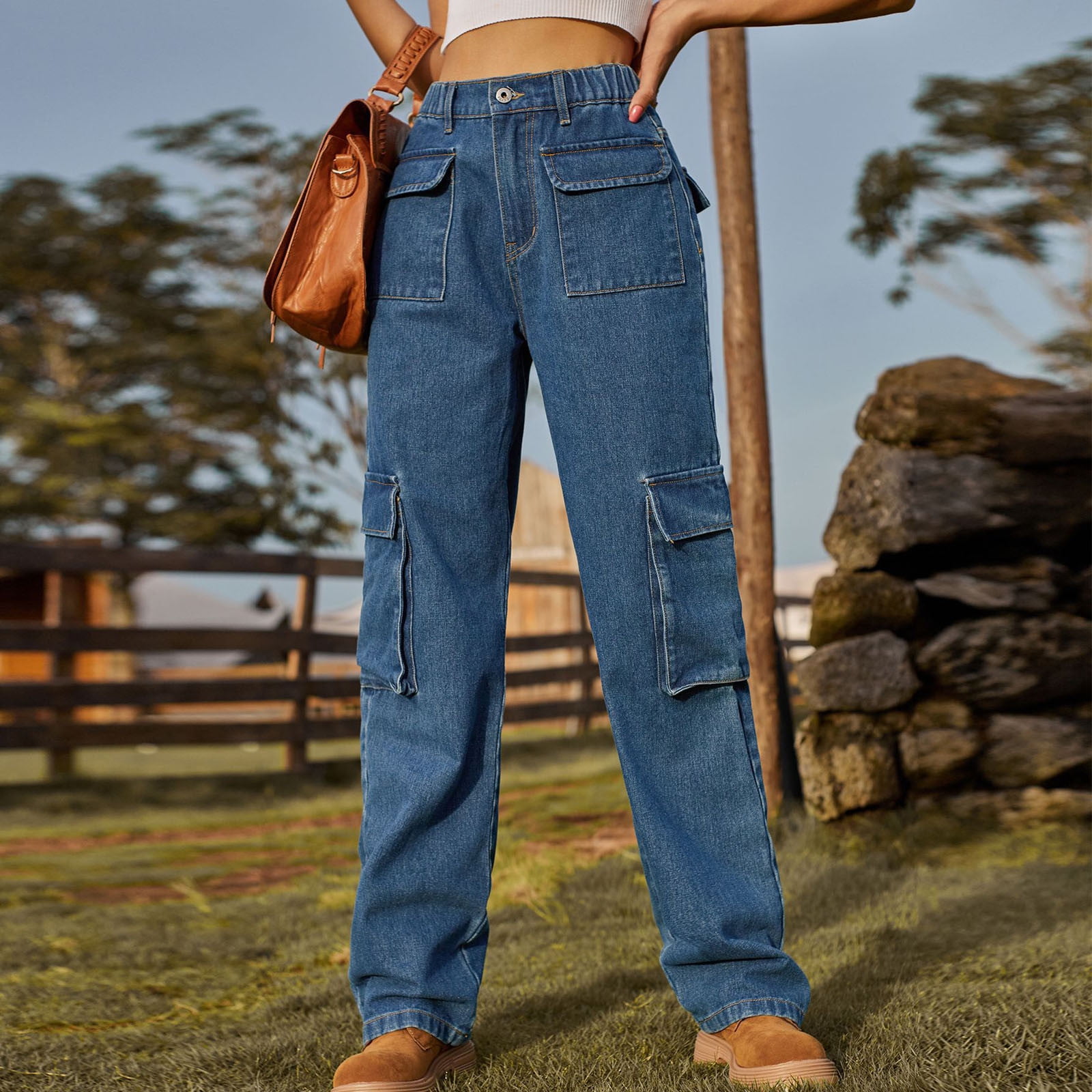 Tdoqot Womens Boyfriend Jeans- Mid Rise Cargo Pants Blue Tdoqot Womens Boyfriend Jeans- Mid Rise Cargo Pants Blue