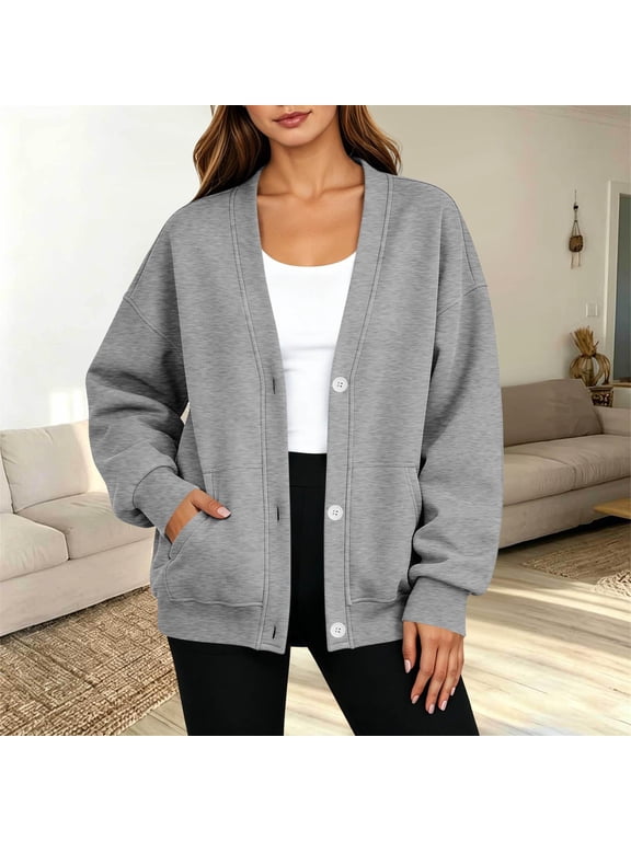 Womens Button Down Sweatshirt- Casual Long Sleeve Loose Fit V-Neck Fashion Fall Jacket Gray Size L
