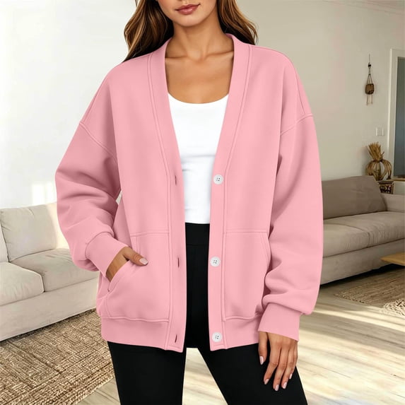Tdoqot Womens Button Down Sweatshirt- Fashion Casual Loose Fit V-Neck Long Sleeve Fall Jacket Sky Blue Size L