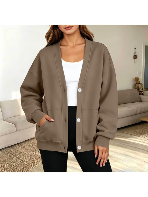 Womens Button Down Sweatshirt- Fashion Long Sleeve Casual Loose Fit V-Neck Fall Jacket Brown Size M