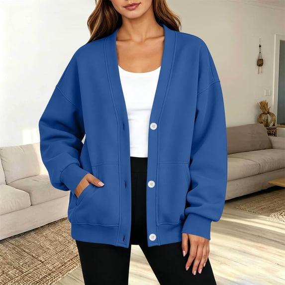 Tdoqot Womens Button Down Sweatshirt- Long Sleeve Casual Loose Fit V-Neck Fashion Fall Jacket Navy Size 2XL