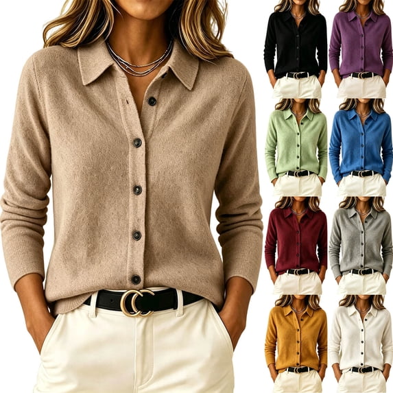 Tdoqot Womens Button Up Cardigan Sweaters- Casual Collared Long Sleeve Warm Fall Sweaters Tops Size L