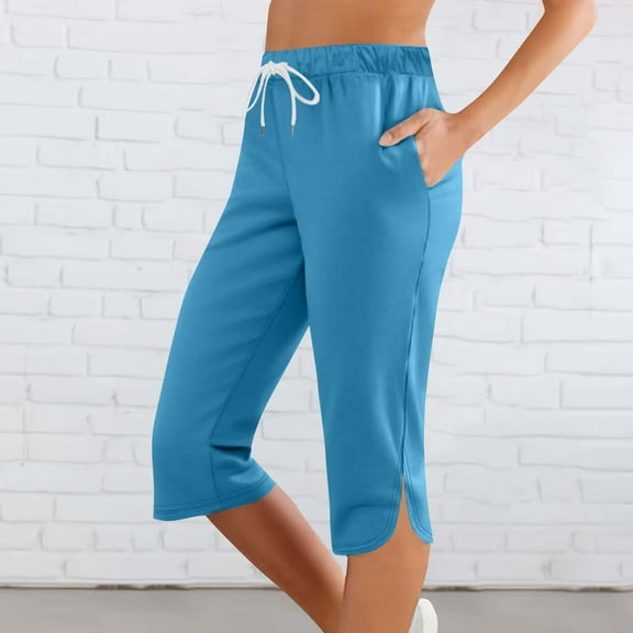 Tdoqot Womens Capri with Pockets- Casual Elastic Waist Baggy Soft Drawstring Active Pants Sky Blue Size XL
