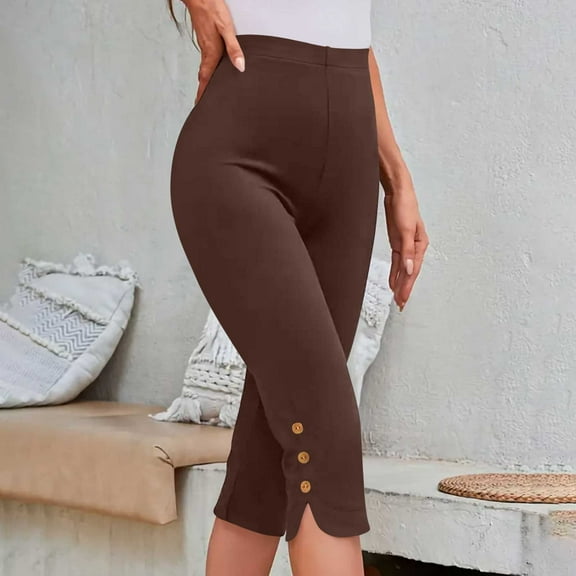 Tdoqot Womens Capris Pull On- Casual Soft High Waist Slim Fit Summer Pants Brown Size XL