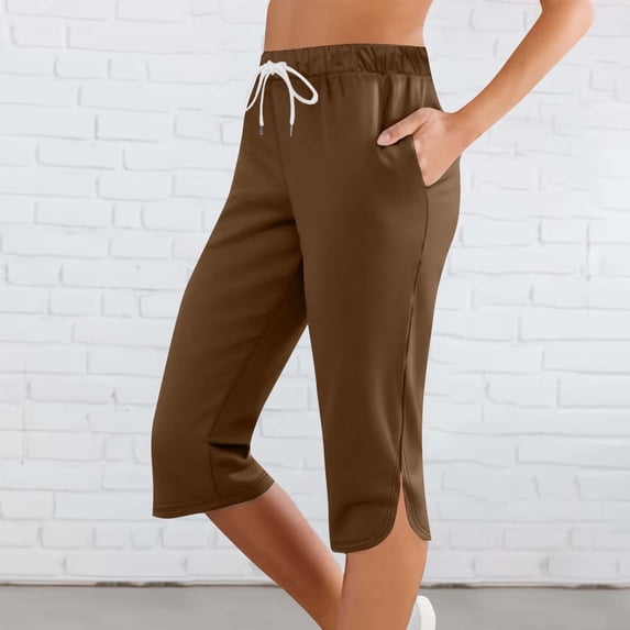 Tdoqot Womens Capris with Pockets- Drawstring Soft Elastic Waist Casual Drawstring Active Pants Brown Size S