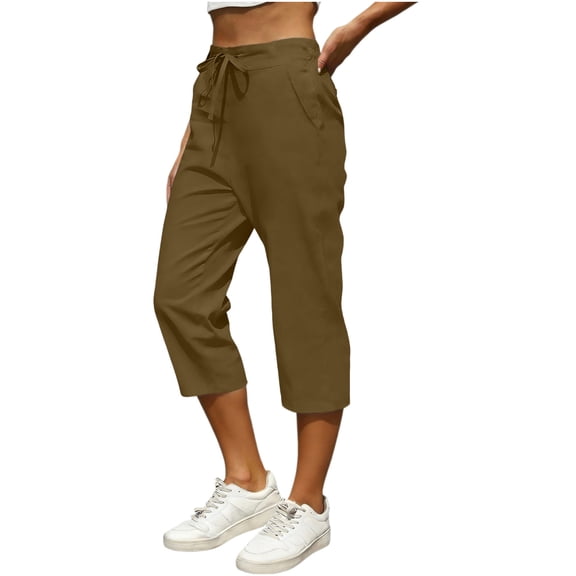 Tdoqot Womens Capris with Pockets- Elastic Waist Casual Quick Dry Cotton Linen Semmer Beach Pants Coffee Size M