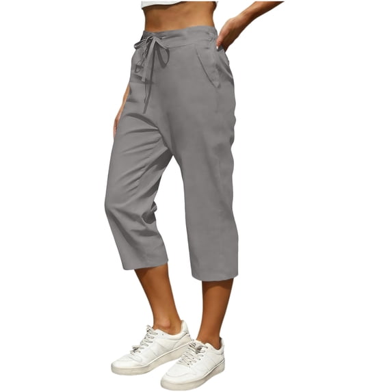 Tdoqot Womens Capris with Pockets- Elastic Waist Casual Quick Dry Cotton Linen Semmer Beach Pants Gray Size XL