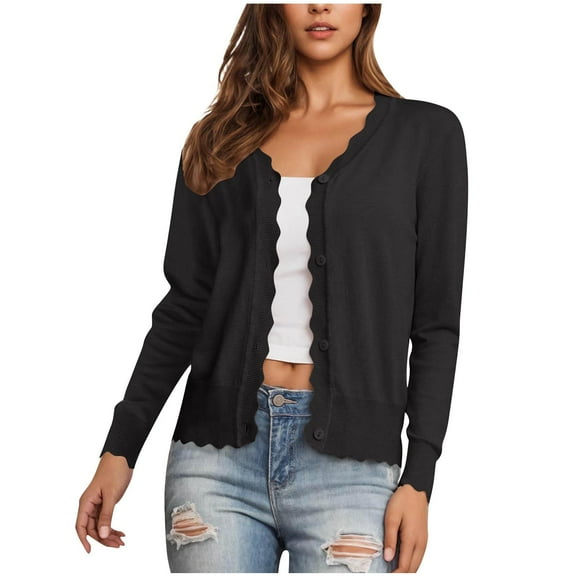 Tdoqot Womens Cardigan Sweaters Petite- Lightweight Fall Fashion Casual Button Up Cute Tops Black Size L