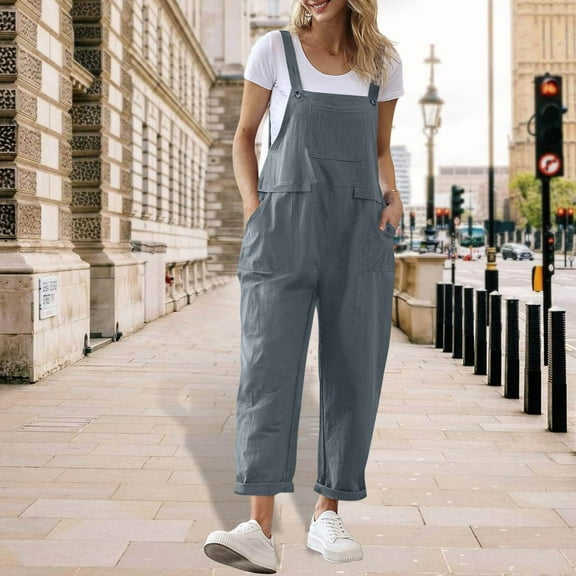 Tdoqot Womens Cargo Jumpusits with Pocekts- Cotton Linen Sleeveless Casual Summer Overalls Workwear Gray Size M