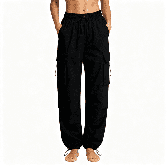 Tdoqot Womens Cargo Pants with Pocekts- Drawstring Lightweight Elastic Waist Straight Leg Hiking Pants Black Size 3XL