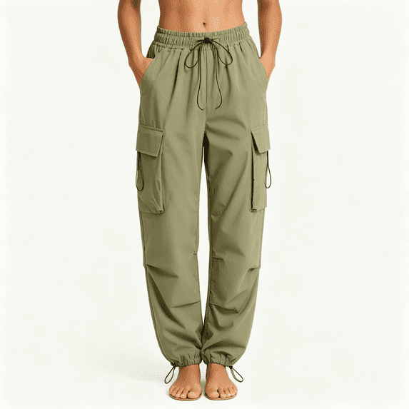 Tdoqot Womens Cargo Pants with Pocekts- Elastic Waist Straight Leg Lightweight Drawstring Hiking Pants Army Green Size 3XL
