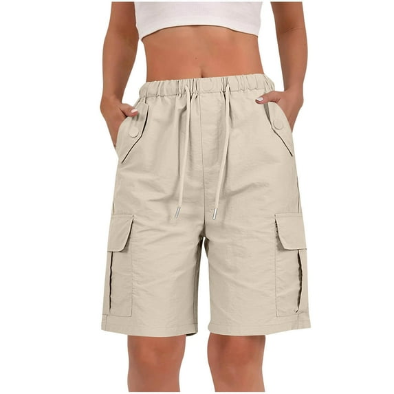 Tdoqot Womens Cargo Shorts Knee Length- Casual Baggy Stretch Elastic Waist Drawstring Shorts Beige Size S-2XL