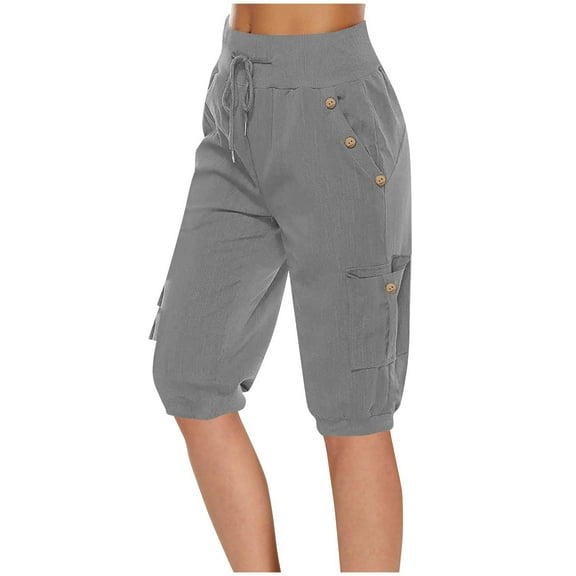 Tdoqot Womens Cargo Shorts with Pockets Knee length- Elastic Waist Casual Cotton Linen High Rise Drawstring Shorts Gray Size M