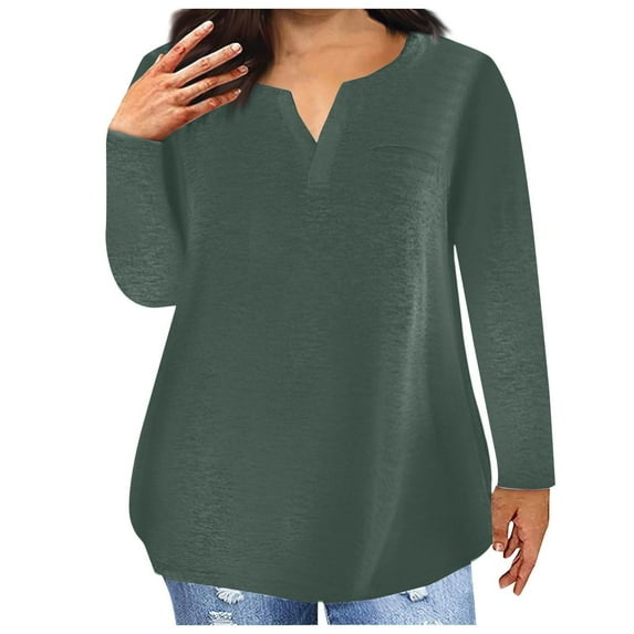 Tdoqot Womens Casual V Neck Fall Shirts Tops Long Sleeve Loose Fit Plus Size Tops Army Green