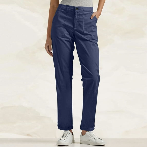 Tdoqot Womens Chino Pants with Pockets- Slim Fit Straight Leg Casual Elastic Waist Flat Front Pants Navy Size L