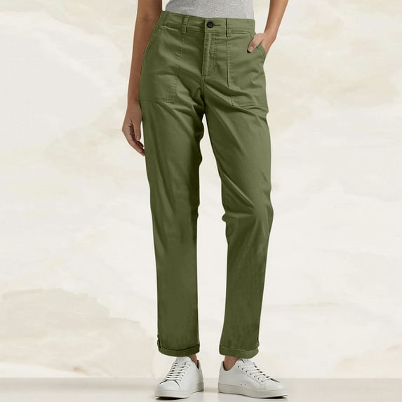 Tdoqot Womens Chino Pants with Pockets- Straight Leg Slim Fit Casual Elastic Waist Flat Front Pants Army Green Size L