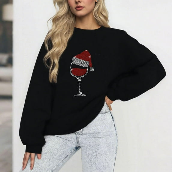 Tdoqot Womens Christmas Sparkly Sweatshirt- Long Sleeve Soft Pullover Cute Sweater Party Winter Fleece Tops Black Size L