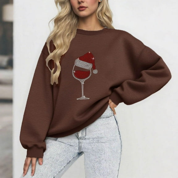 Tdoqot Womens Christmas Sparkly Sweatshirt- Pullover Long Sleeve Soft Cute Sweater Party Winter Fleece Tops Brown Size M