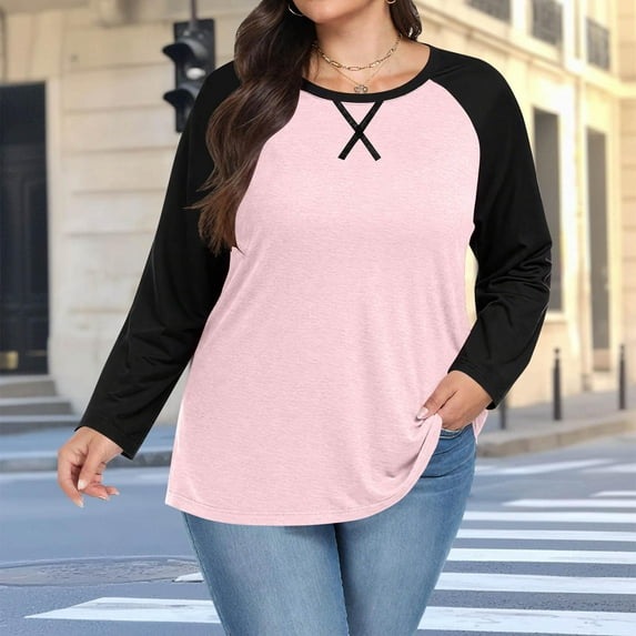 Tdoqot Womens Color Block Plus Size T Shirts- Crewneck Casual Long Sleeve Loose Fit Fall Tops Pink Size S