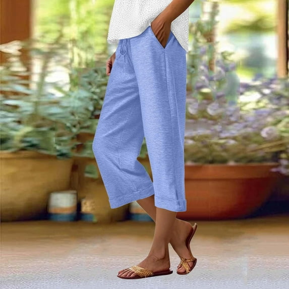 Tdoqot Womens Cotton Capris with Pockets- Casual Wide Leg Drawstring Elastic Waist Summer Pants Light Blue Size XL