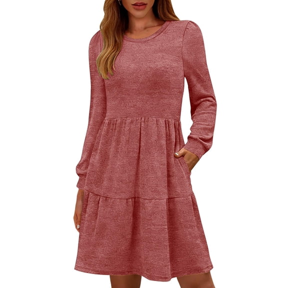 Tdoqot Womens Cotton Dresses with Pockets- Casual Long Sleeve Ruffle Stretch Midi Dress Spring Dresses Pink Size M
