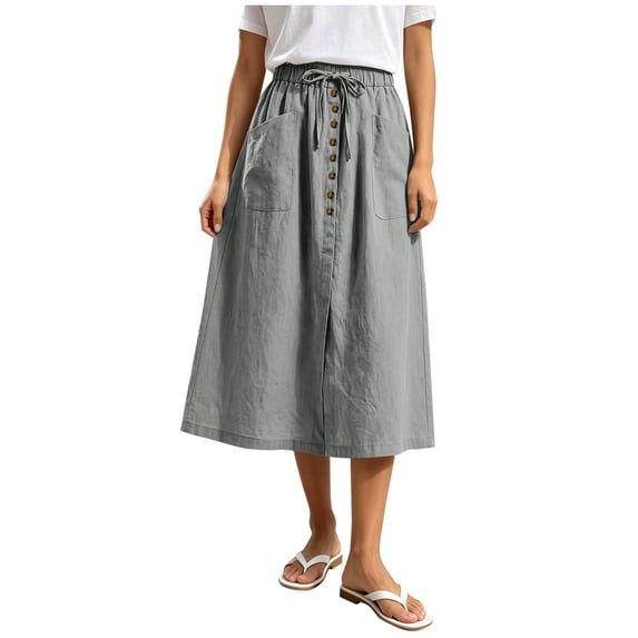 Tdoqot Womens Cotton Linen Skirts with Pockets- A-Line Elastic Waist Summer Casual Drawstring Midi Skirt Gray Size M