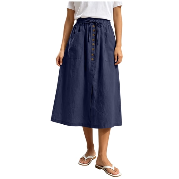 Tdoqot Womens Cotton Linen Skirts with Pockets- Elastic Waist Summer Casual A-Line Drawstring Midi Skirt Navy Size S