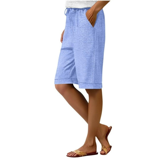 Tdoqot Womens Cotton Shorts with Pockets- Casual Baggy Elastic Waist Drawstring Bermuda Shorts Light Blue Size XL