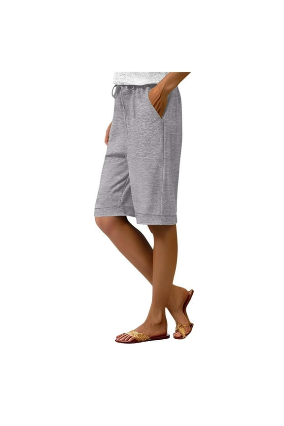 Womens Cotton Shorts with Pockets- Casual Drawstring Elastic Waist Baggy Bermuda Shorts Gray Size S-2XL