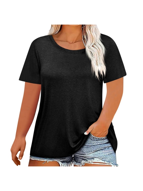 Womens Cotton T Shirts Plus Size- Short Sleeve Summer Casual Soft Basic Tees Tops Black Size 3XL