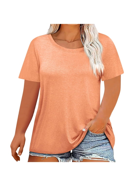 Womens Cotton T Shirts Plus Size- Short Sleeve Summer Soft Casual Basic Tees Tops Orange Size 3XL