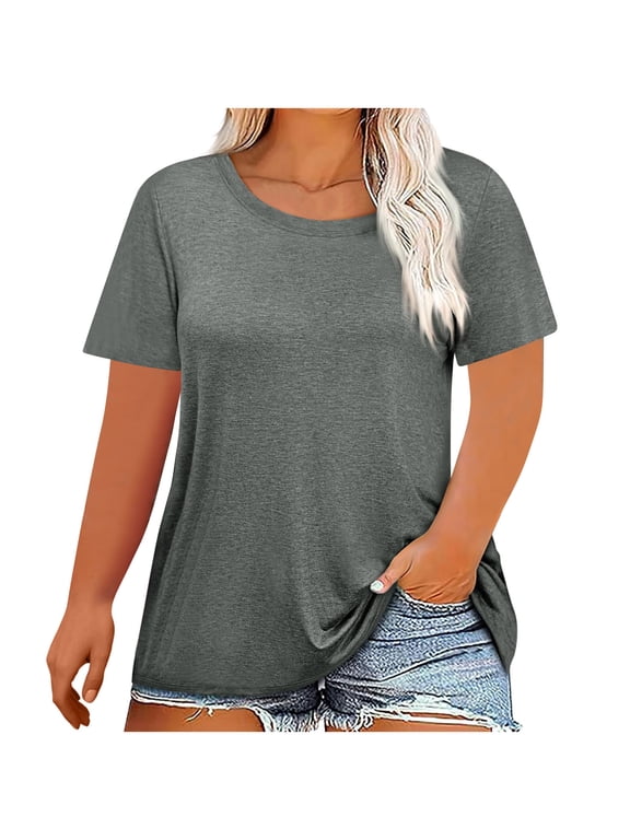 Womens Cotton T Shirts Plus Size- Summer Short Sleeve Soft Casual Basic Tees Tops Gray Size 3XL