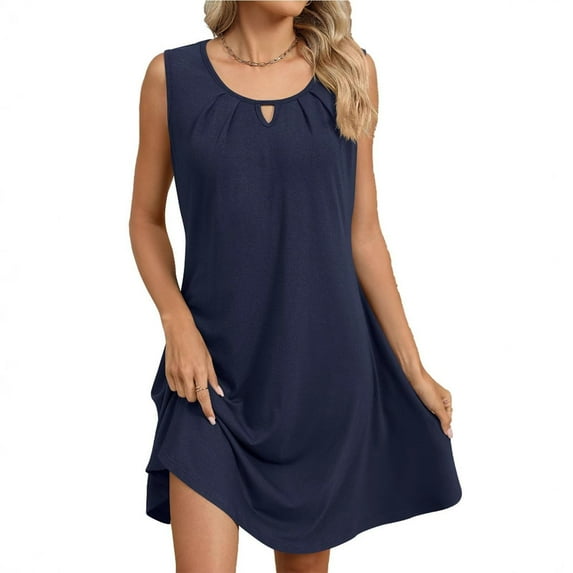 Tdoqot Womens Cotton Tank Dresses with Pockets- Casual Sleeveless Pleated Summer Sundress Midi Dress Navy Size S