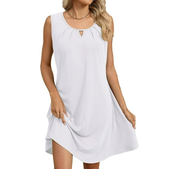 Tdoqot Womens Cotton Tank Dresses with Pockets- Casual Summer Sundress Pleated Sleeveless Midi Dress White Size XL
