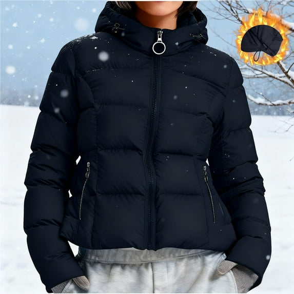 Tdoqot Womens Cropped Puffer Jackets with Hood- Trendy Regular Fit Zip Up Casual Lightweight Winter Coat Navy Size S