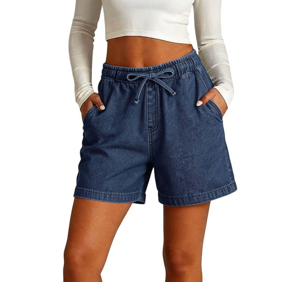 Tdoqot Womens Denim Shorts with Pockets- Baggy Casual Elastic Waist Drawstring Stretchy 5 Inch Jean Shorts Blue Size 2XL