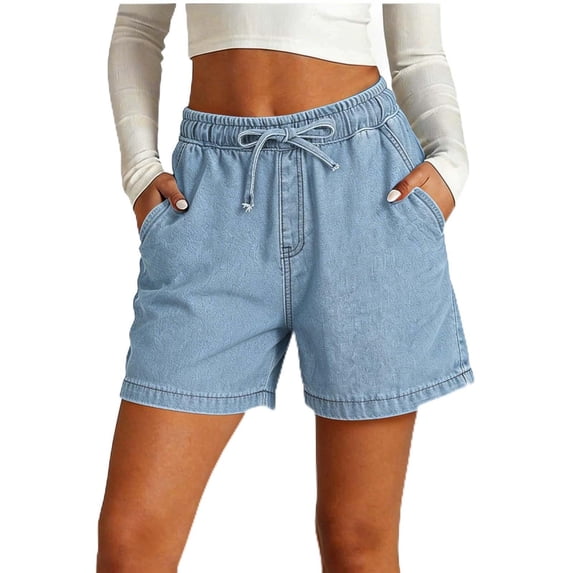 Tdoqot Womens Denim Shorts with Pockets- Baggy Stretchy Casual Elastic Waist Drawstring 5 Inch Jean Shorts Light Blue Size M