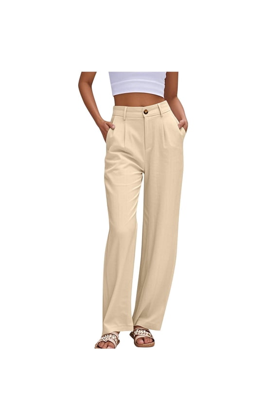 Womens Dress Pants with Pockets- Lightweight High Waist Wide Leg Pull-On Formal Pants Beige Size M