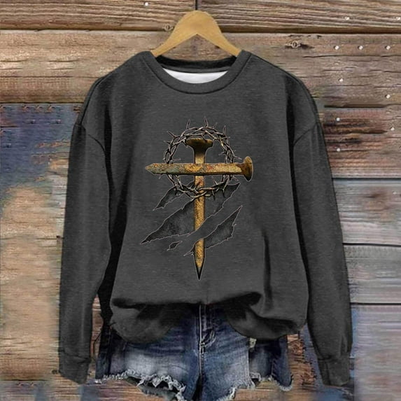 Tdoqot Womens Easter Shirts 2024- Long Sleeve Crewneck Spring Clothes Pullover Casual T Shirts Tops Dark Gray Size M