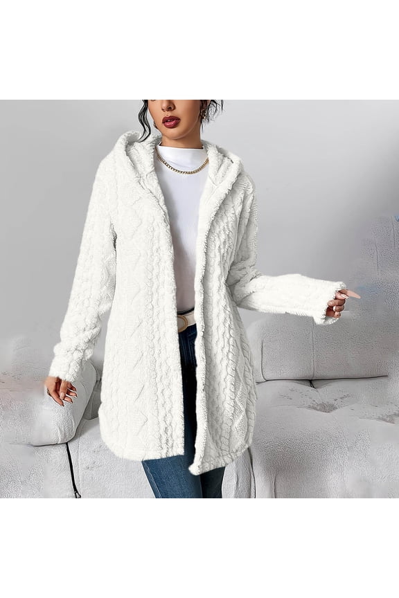 Womens Fleece Jackets with Hood- Loose Lightweight Warm Open Front Casual Jacquard Winter Coats White Size S