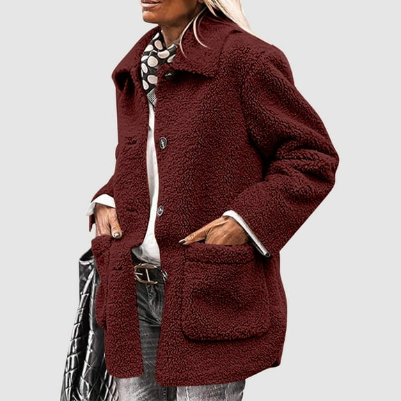Tdoqot Womens Fleece Jackets with Snaps- Turndown Collar Casual Lightweight Fall Jacket with Pockets Red Size S-2XL