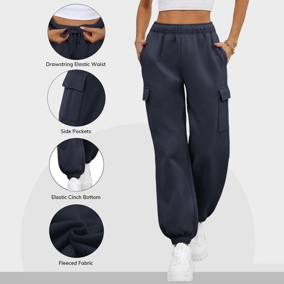 Tdoqot Womens Fleece Sweatpants with Multiple Pockets- Casual High Rise Relaxed Fit Elastic Waist Drawstring Cargo jogger Pants Navy Size XL