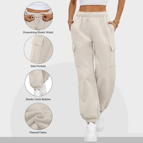 Tdoqot Womens Fleece Sweatpants with Multiple Pockets- Elastic Waist Casual Relaxed Fit High Rise Drawstring Cargo jogger Pants Beige Size XL