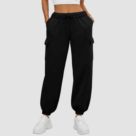 Tdoqot Womens Fleece Sweatpants with Multiple Pockets- Elastic Waist Relaxed Fit Casual High Rise Drawstring Cargo jogger Pants Black Size L