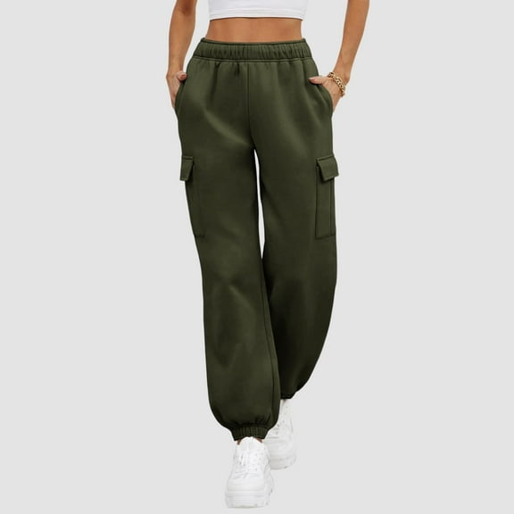 Tdoqot Womens Fleece Sweatpants with Multiple Pockets- High Rise Relaxed Fit Elastic Waist Casual Drawstring Cargo jogger Pants Army Green Size M