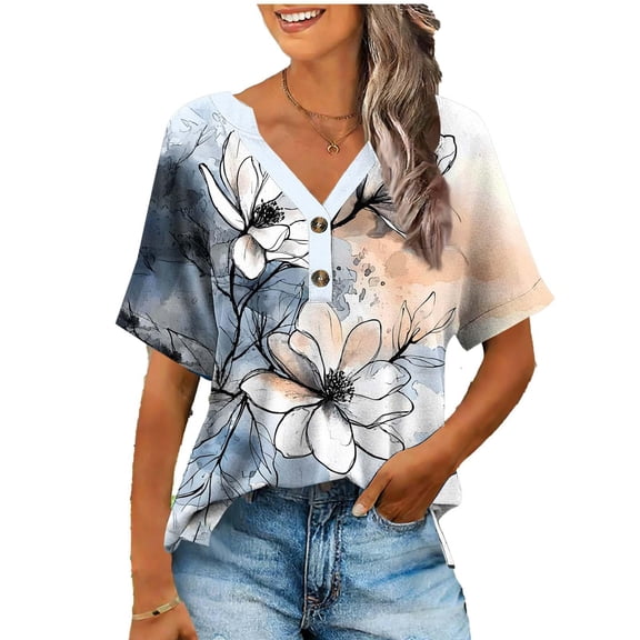 Tdoqot Womens Floral Shirts Loose Fit- Boho V-Neck Short Sleeve Casual Summer Tops Blouse White Size S-2XL