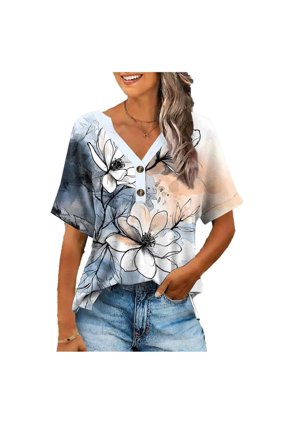 Womens Floral Shirts Loose Fit- Boho V-Neck Short Sleeve Casual Summer Tops Blouse White Size S-2XL