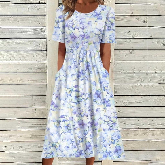 Tdoqot Womens Floral Sun Dresses- Casual Short Sleeve Maxi Dresses Vintage Womens Summer Dresses 2024 Beach Dress Blue