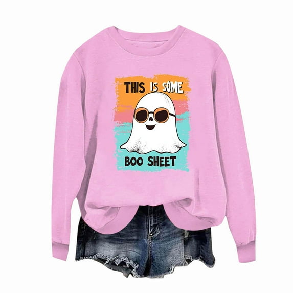 Tdoqot Womens Ghost Halloween Sweatshirt- Cute Funny Pullover Long Sleeve Shirts Tops Pink Size S
